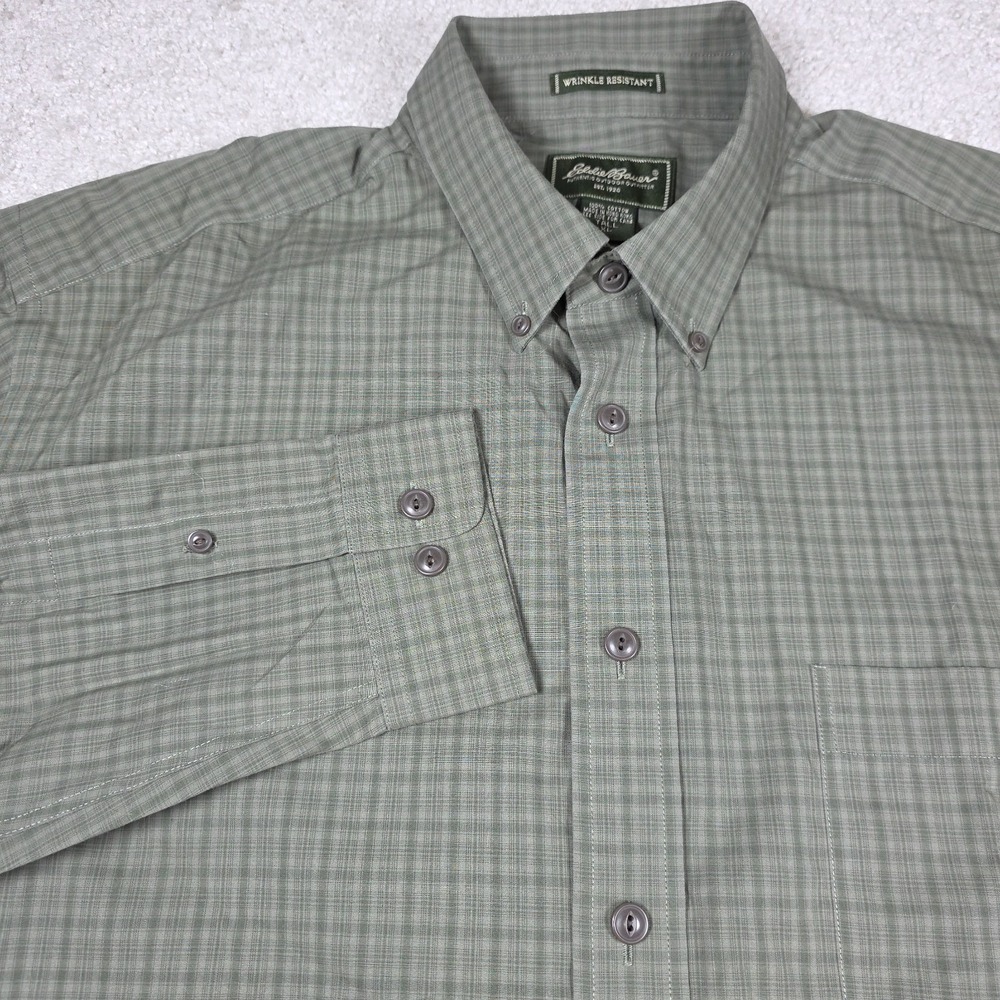 Eddie Bauer Button Down Men‎ XL Tall Olive Green Plaid Wrinkle Resistant Cotton